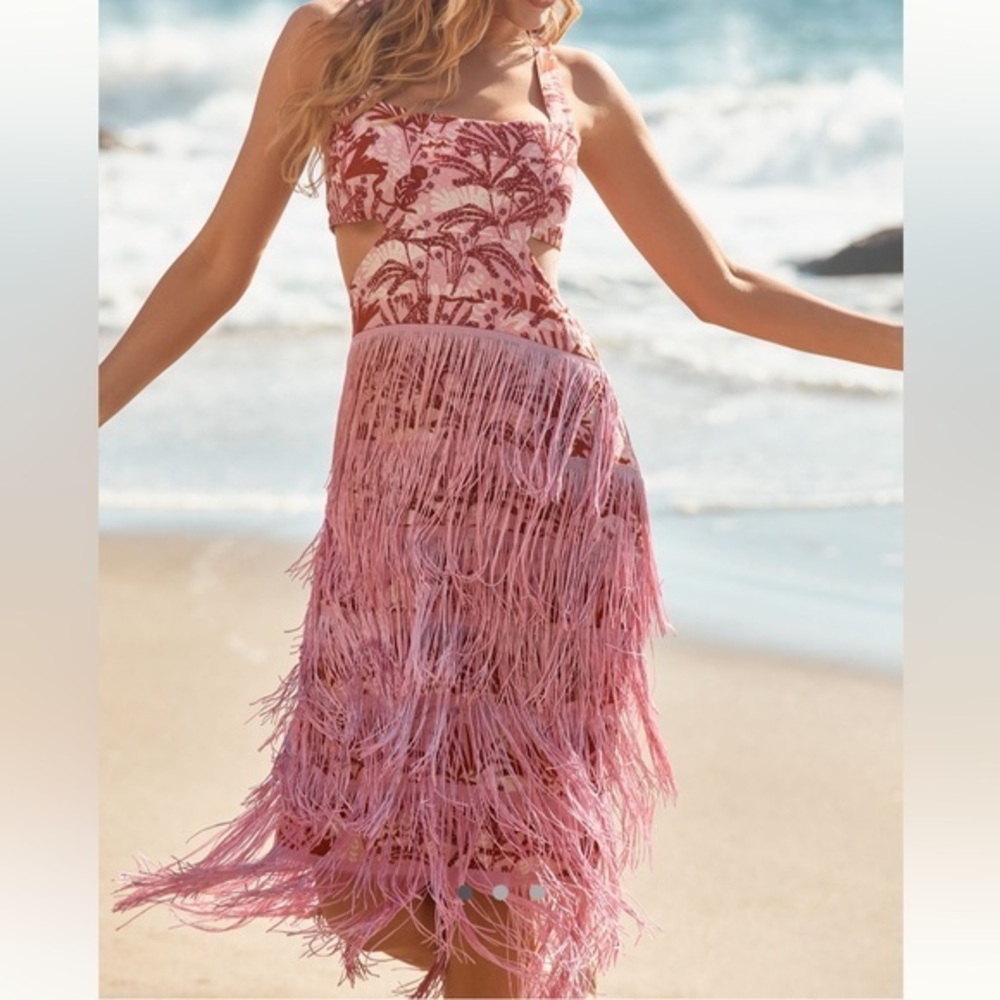Anthropologie Linen Fringe Column Midi Dress